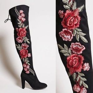 NEW! Floral Over-the-Knee Velvet Boots
